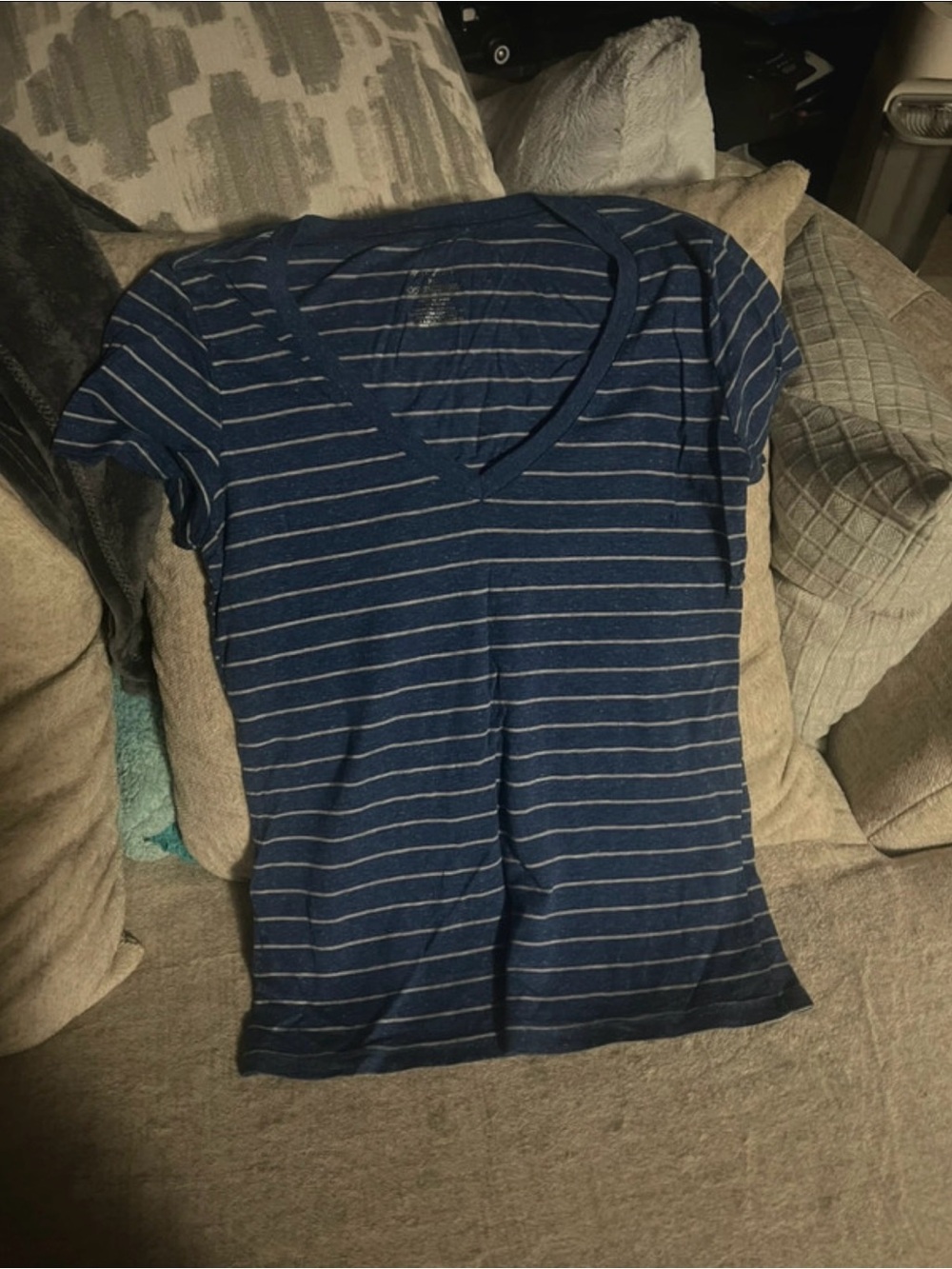 Wet Seal Blue with White Stripes Women's V-Neck Short Sleeve T-Shirt